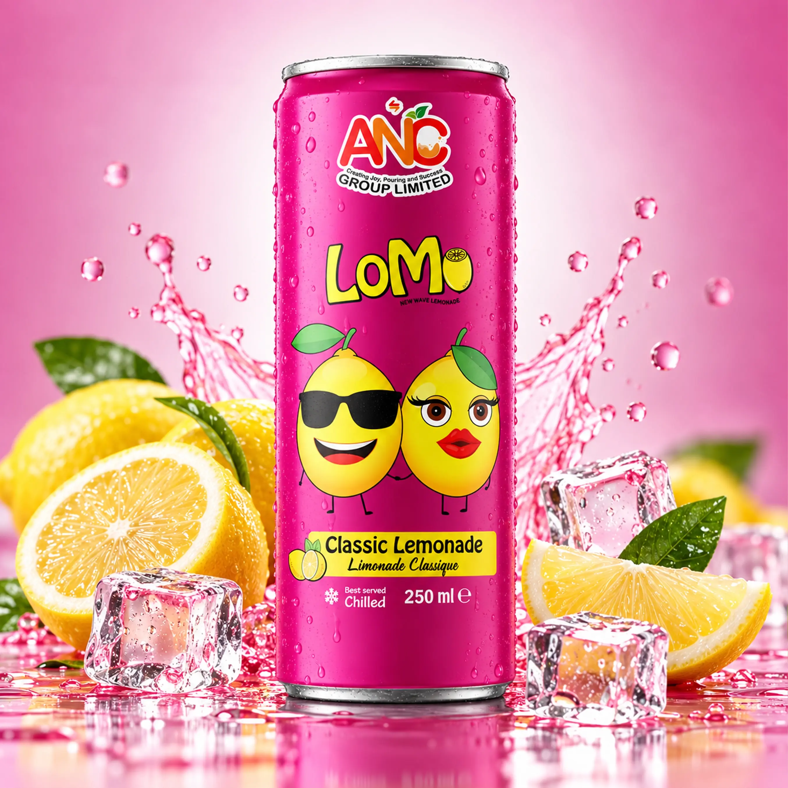 LOMO Classic Lemonade 250ml can with fresh lemons, green leaves, ice cubes and pink splash.